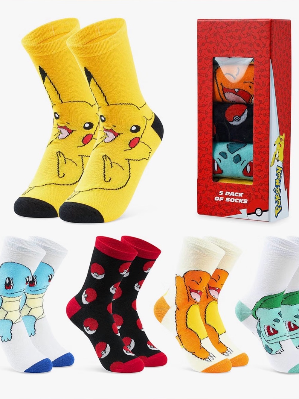 Pokemon Boys 5 Pack Pikachu Ankle Socks Stretchy Breathable Crew Socks Unisex